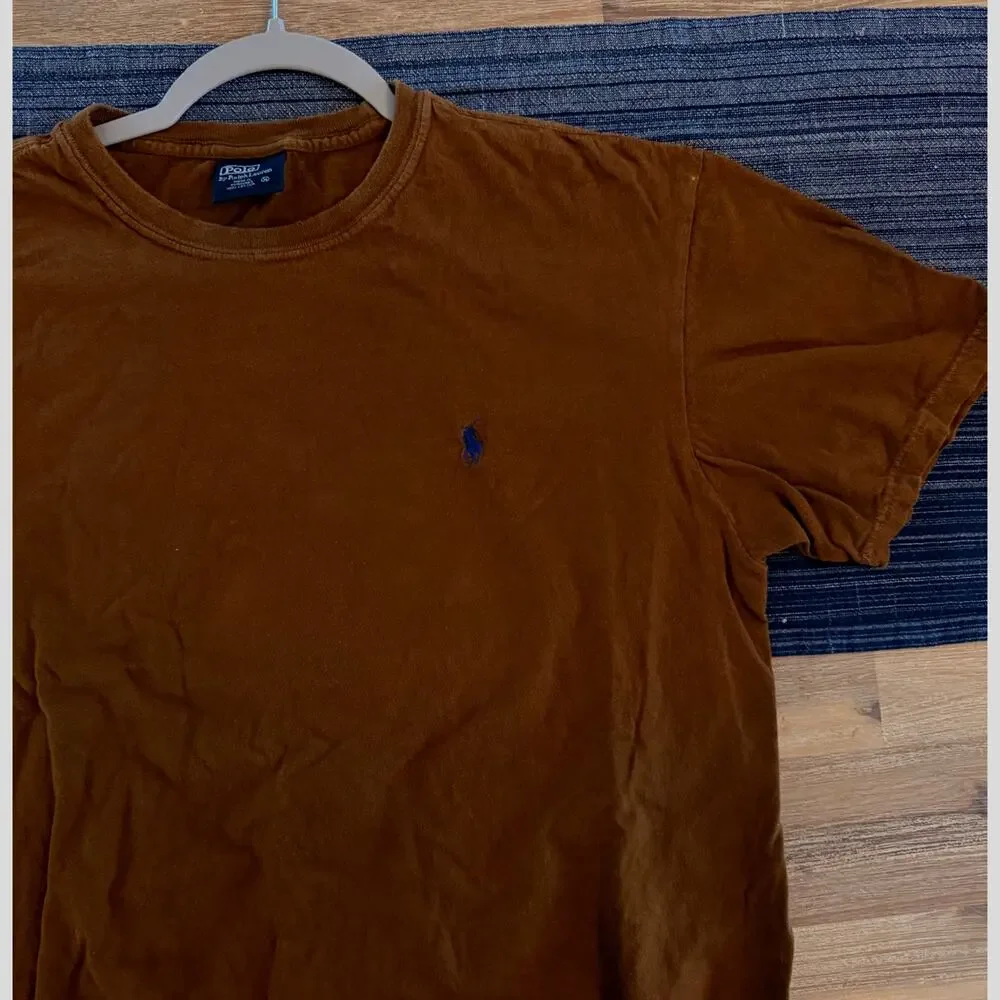 Polo Ralph Lauren Med Brown TShirt Blue Pony Logo Vintage Distressed 21.5” PTP